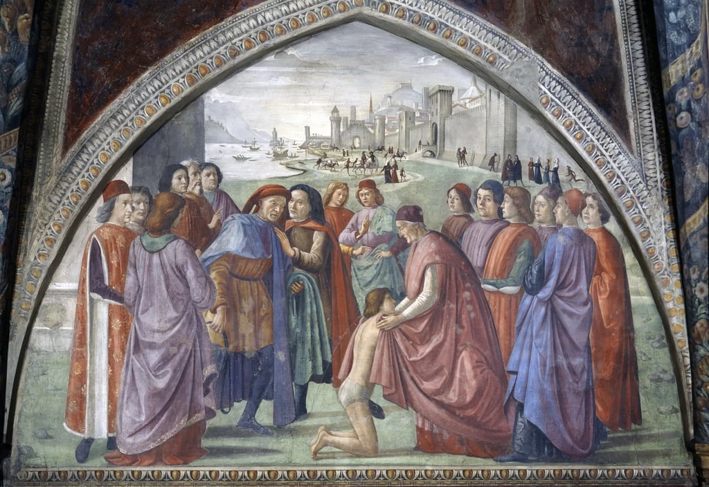 San Francesco rinunciando alla sua eredità, da un ciclo della vita di San Francesco - Cappella della Santa Trinità, Firenze